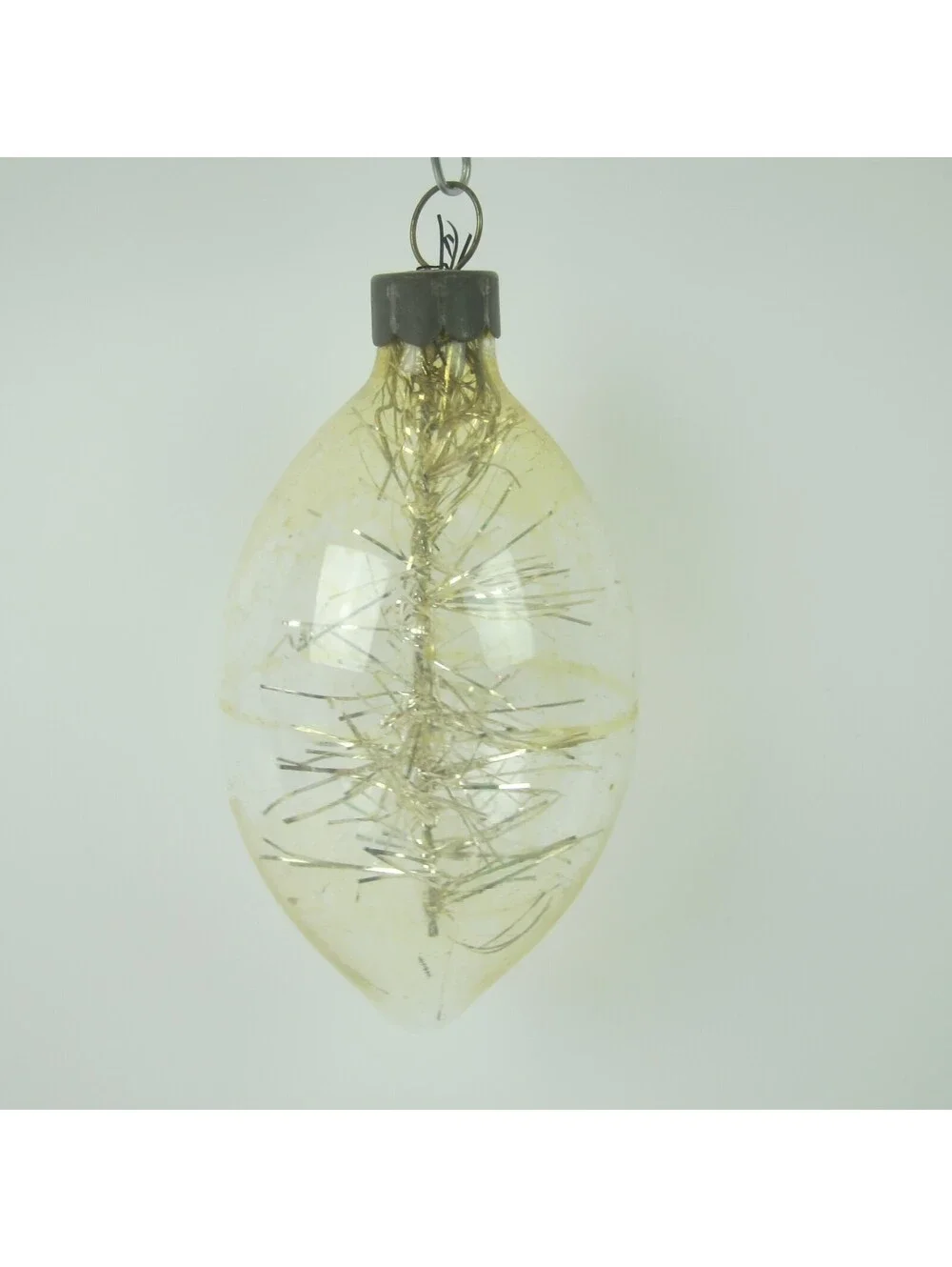 Vintage Unsilvered Glass DROP Christmas Ornament Gold Tinsel Stick 2.5
